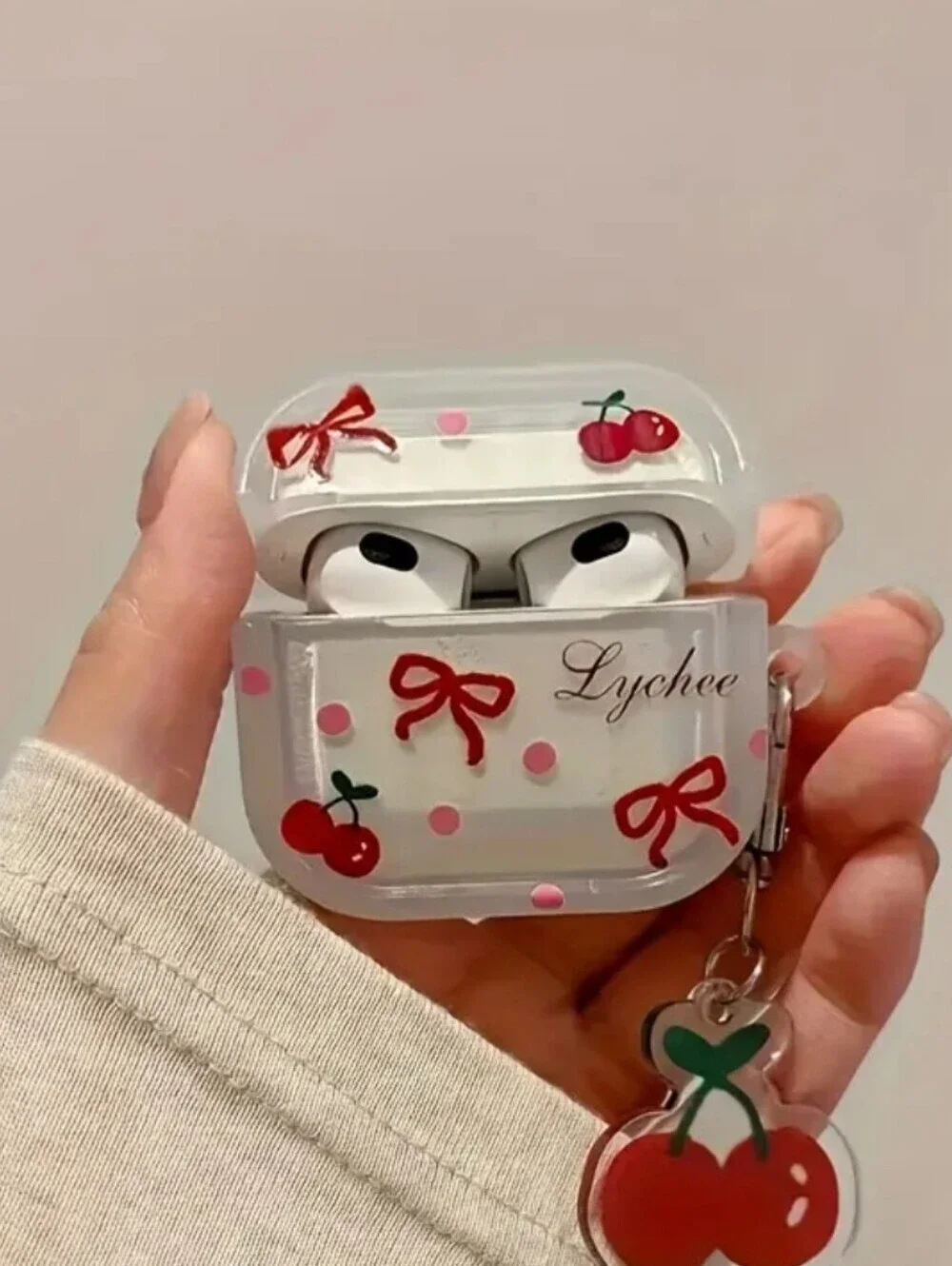 AIRPOD 3 White Cherry Print AirPods Case Cover with Keychain